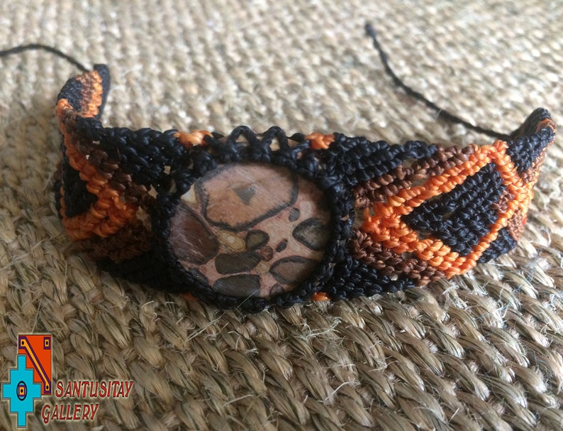 Hand crafted macrame bracelet with jaspis stone brown orange black gift natural jewelry image 1