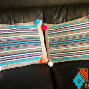 Pair of Hand crafted on the loom turquoise grey cushion cover pillow 54 x 44 cm llama wool sofa bed chair decoration pompons Christmas gift
