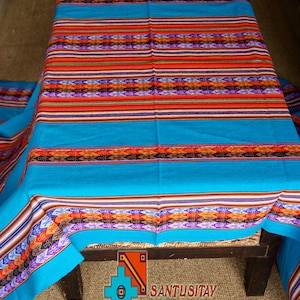 Big Purple indigo blue turquoise 220x136 cm Peruvian Ethnic Tribal Table Clothes knitted woven textile traditional decoration Andean blanket