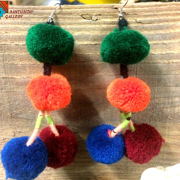 Boucles d'oreilles exotiques Brésil carnaval festif pompon Bluevorange vert vert hippi boho cadeau multicolore