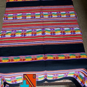Square Green Black 116x110 cm Peruvian Ethnic Tribal Table Clothes knitted woven textile traditional decoration Andean blanket frazada