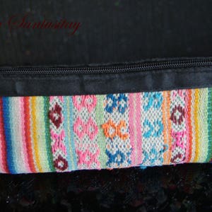 South American Ethnic hand made pencil case beautician handwoven traditional textile fabric turquoise blue green red beige pink colourful