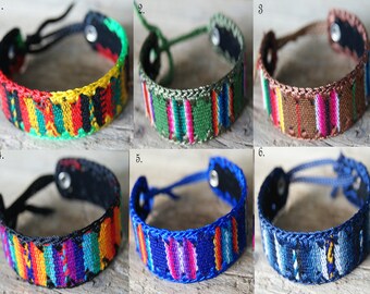 Mens Womens Friendship Folk Fabric textile embroidered twisted bracelet jewellery textile hand made crafted rasta green blue orange boho