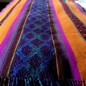 Exclusive Soft baby alpaca wool hand crafted on the loom shawl table runner blanket orange turquoise blue ethnic pattern exclusive gift