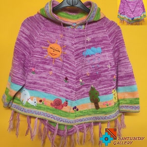Baby Kinder Poncho Fee Hoodie 2, 4, 6 JAHRE Halswärmer Alpaka Wolle Weich Warm gestrickt bestickt lustige Applikation
