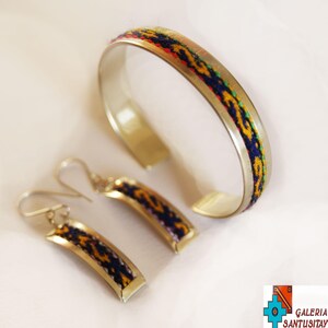 Unique Elegant alpaca metal set of jewellery earrings bracelet with textile traditional Peruvian fabric hand made crafted silver turquoise