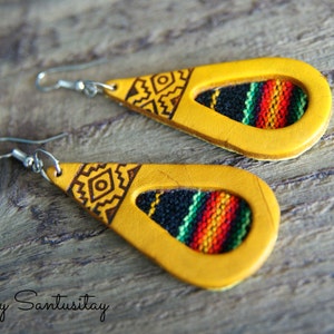 Leather Earrings Andean cross hand made carved crafted Peruvian textile yellow black orange red brown black colour gift