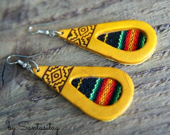 Leather Earrings Andean cross hand made carved crafted Peruvian textile yellow black orange red brown black colour gift