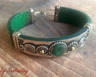 Green Leather bracelet with natural green turquoise crisocola stone embroidered with alpaca metal  jewelry hand crafted natural boho hippi