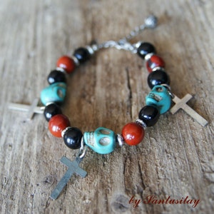 White bufalo stone skulls bracelet acai seeds hand made with charms crucifix  black brown turquoise stone carved