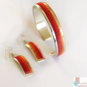Einzigartige elegante Alpaka Metall Satz von Schmuck Ohrringe Armband mit Textil traditionellen Stoff handgefertigt silber rot orange gelb