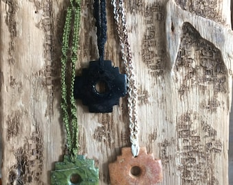Soap stone chacana Andean cross, Inca cross  necklace pendant hand made tribal natural jewelry brown orange green black macrame linen cord