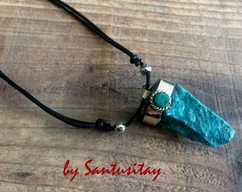 Turquoise crisocola stone pendant love positivity hand crafted natural embroidered stone