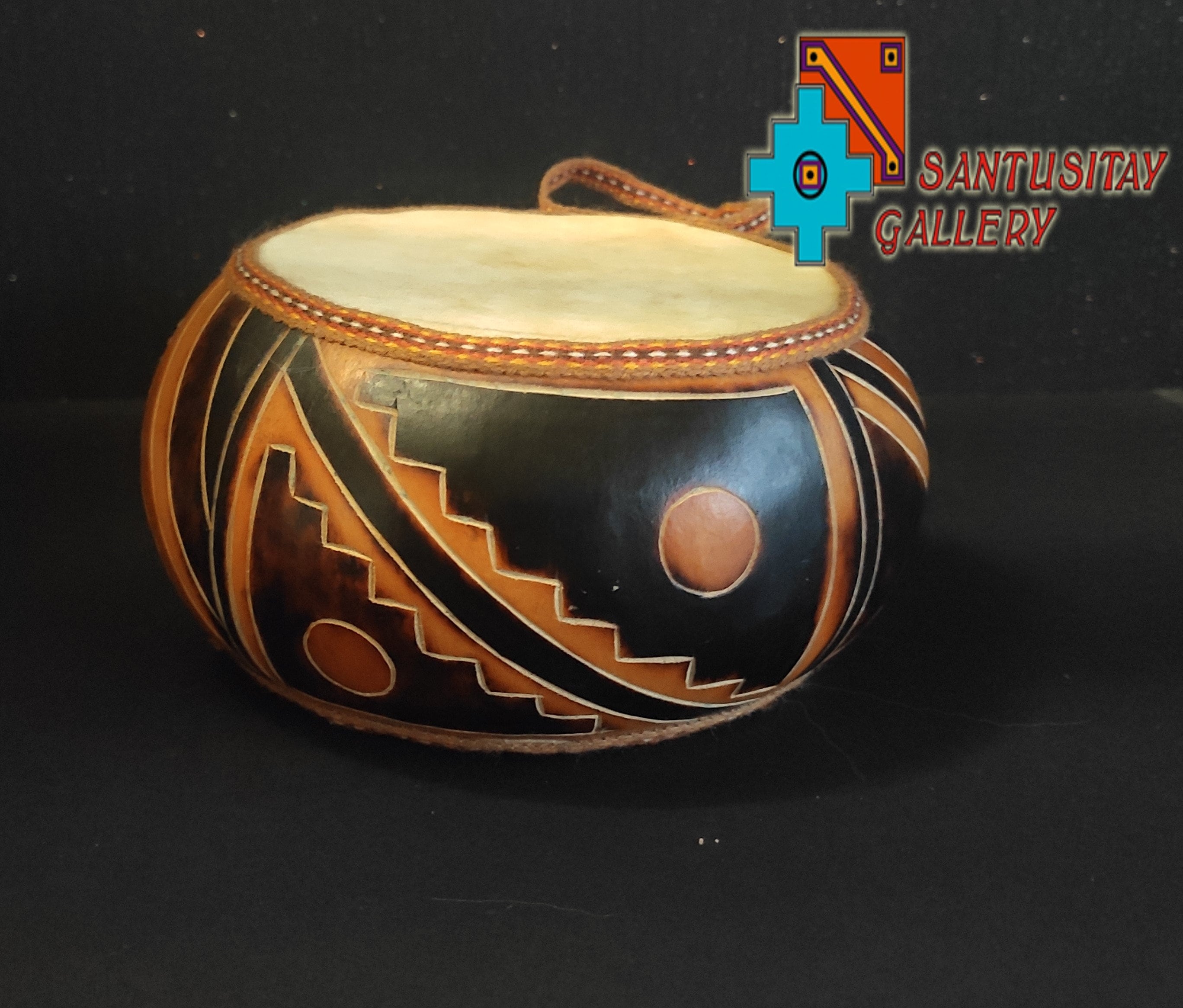 South American Carved in Calabash Drum Instrument Peruvian Folk