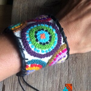 Stunning hand crafted cuff bracelet embroidered alpaca wool leather finished hippy colours boho creme turquoise purple brown yellow pink