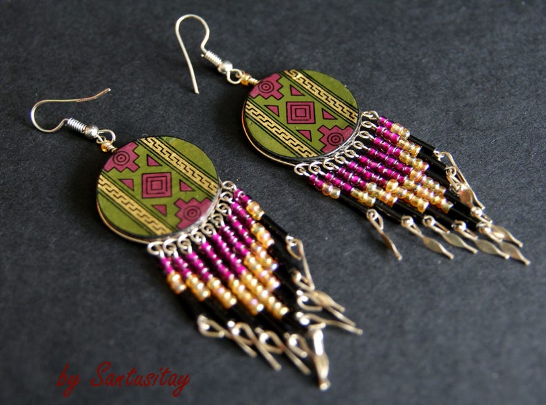 Hand painted on coconut Earrings ethic designs hand made boho folk hippy crafted geometric triangle green purple b turquoise gold gift