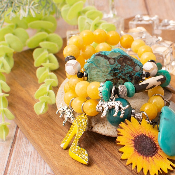 Yellow jaguar turquoise large stone bracelet stack for all , yellow handmade accessories,  high fashion OOAK rare handmade blingy DDZ find