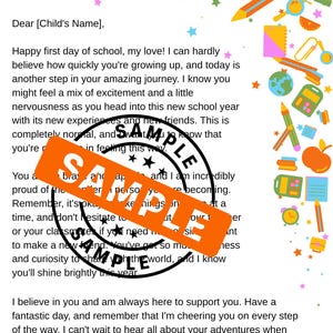 May include: A letter with a message for a child's first day of school, featuring colorful school-themed illustrations. The letter includes text and an orange "SAMPLE" stamp.