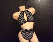 High waist panty and top , high waisted strappy thong 2 piece , exotic dancewear , 2 piece g string , high waist thong set