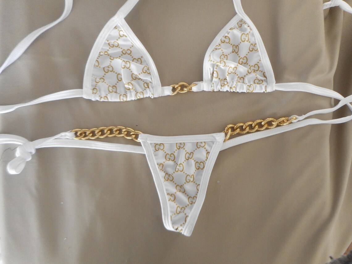 White /gold chain detail micro bikini g string thong v Etsy