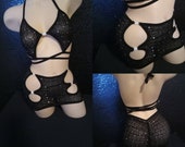 glitter mesh High waist panty and top , high waisted strappy g string exotic dancewear , 2 piece g string , high waist thong set