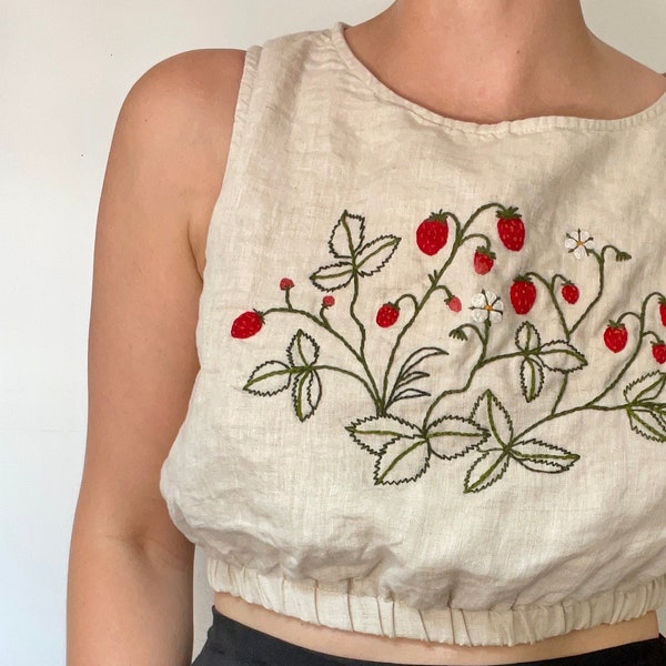 Wild Strawberry Hand Embroidered Linen Top