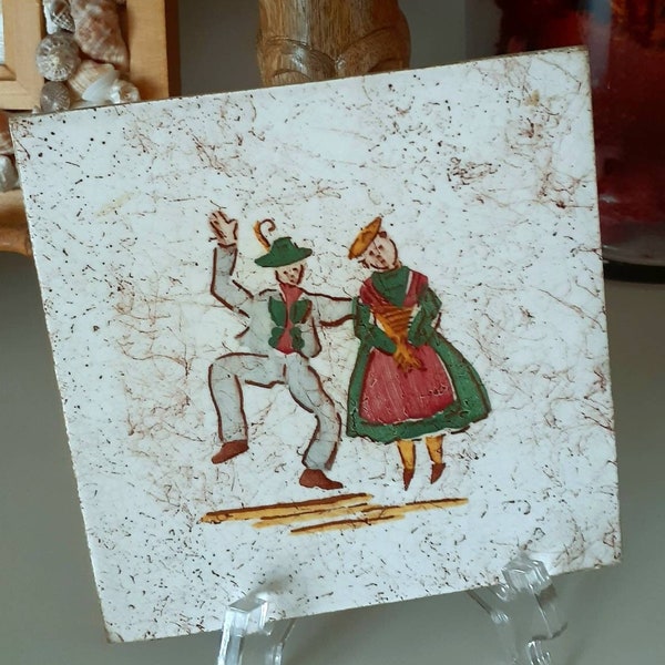 Vintage Folk Art Tile, Handpainted Stoneware Trivet, Dutch Dancers, Ceramic Pottery, Swedish Swiss Italian Austrian Finland Baverian