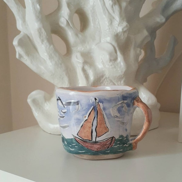 Vintage Sailboat Mug Nautical Pottery Cup Coastal Hand-painted Stoneware Clay Drinkware