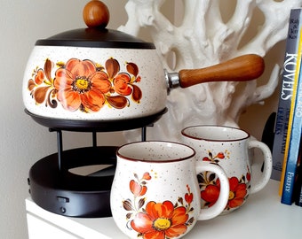 Vintage Fondue Pot & Stoneware Mugs, 60&#39;s 70&#39; Sanko Enamel Cookware, Orange Poppy Kitchenware, Retro Kitchen, Housewarming Gifts