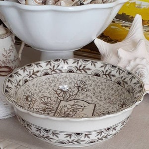 Antique Ridgway Serving Bowl, Staffordshire Pottery, 19th Century Transfer-ware, English Aesthetic Movement Earthenware, Creamware