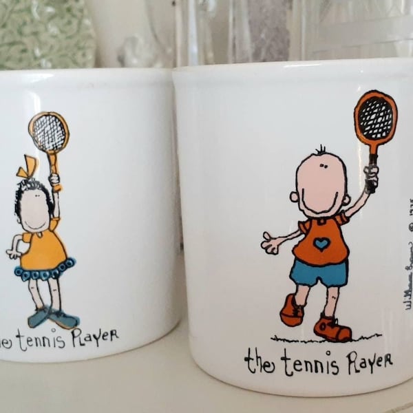 Vintage 70's Tennis Mugs, Stoneware Cartoon Coffee Cups, Staffordshire Kiln Craft Pottery, Sports Drinkware
