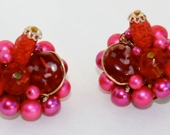 Vintage 50s Clip Earrings, Hot Pink Fuchsia Beaded Clips, Made In Japan, Womens Jewelry Accessories & Gifts, Mothers Day