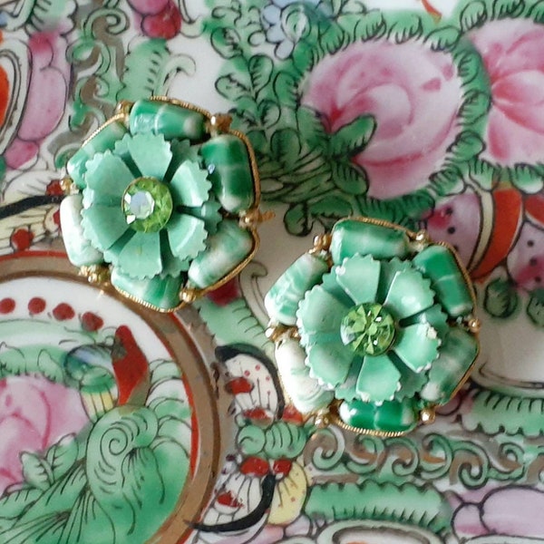 Vintage Selini Flower & Rhinestone Earrings, Green Floral Gold Clips