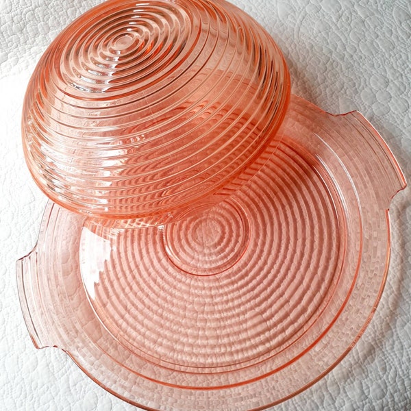 80s Art Deco Serving Bowl & Platter, Pink Depression Glass Syle Acrylic, Outdoor Summer Tableware