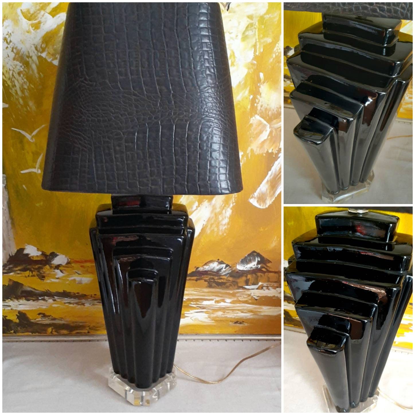 80s Art Deco Lamp Lucite Ceramic Lighting Black Retro Decor Etsy