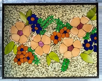 Panneau de fenêtre en mosaïque de fleurs roses, jaunes et bleues
