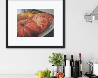 Sliced Tomato Art - Jennifer Kahn Barlow Original Still Life Oil painting, Fine Art Print | Kitchen Wall Art