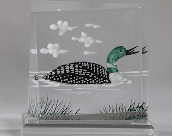 Hand-Carved Loon on Water Sculpture – Serene Acrylic Wildlife Art, Nature-Themed Home Decor