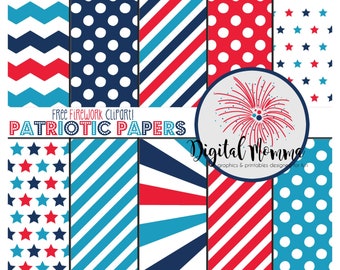 Patriotic, 4th of July, Digital Paper Pack and Firework Clipart, 12x12 .JPG Paper Set, Personal & Commercial Use, Instant Download!