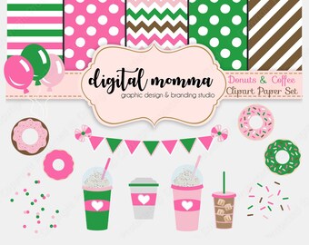 Donut and Coffee Clipart, Digital Paper Set (Digital Download)