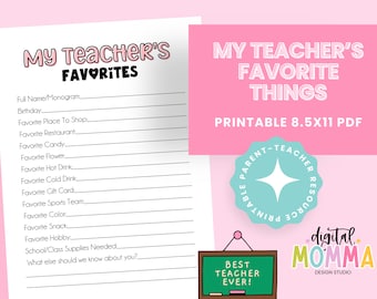 Printable My Teacher's Favorite Things, 8.5x11 Printable Teacher Form, Day Care Teacher Favorite Things, First Day of School Resource