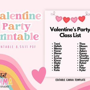 Lista de clases editable para la fiesta de San Valentín, PDF imprimible para San Valentín, tamaño carta 8,5 x 11, plantilla para el aula de San Valentín, descarga instantánea