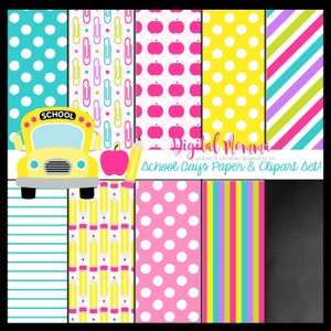 School Days, Back To School Paper Pack, Digital Paper & Clipart Set, JPG, Instant Download!