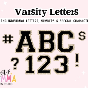 May include: Gold glitter varsity letters, numbers, and special characters in black. The letters include #, A, B, C, $, ?, 1, 2, 3, and !.