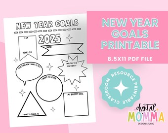 Printable New Year 2025 Goals for Kids, Classroom Resource Activity Page, New Year Activity Page, Coloring Page, Homeschool, School Craft