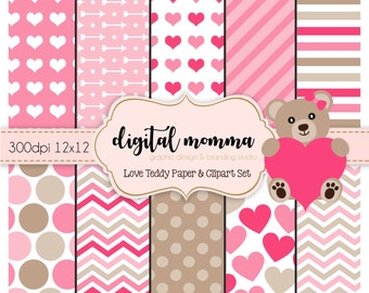 Valentine, Liebe Teddy Digital Paper & Clipart Set, Instant Download!