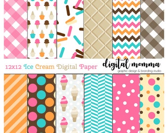 12x12 Ice Cream Digital Paper, Scrapbook, Background Paper, .JPG, Personal & Commercial Use, Instant Download!