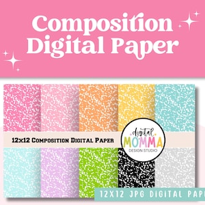 Kit de papel digital com padrão de livro de composição, papel digital de volta às aulas, papel digital arco-íris, papel digital JPG 12x12, fundo