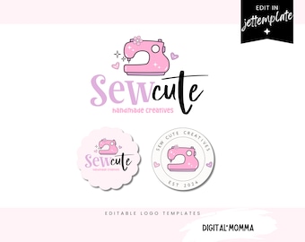 Może przedstawiać: Projekt logo Sewcute handmade creatives z różową maszyną do szycia z kwiatem i błyskotkami. Tekst logo jest w pisanym odręcznie foncie w różowo-fioletowym schemacie kolorów.