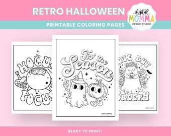 Retro Halloween Digital Coloring Pages, Color Sheets, PDF Printable Coloring Pages, Halloween Color Sheets, Instant Download!